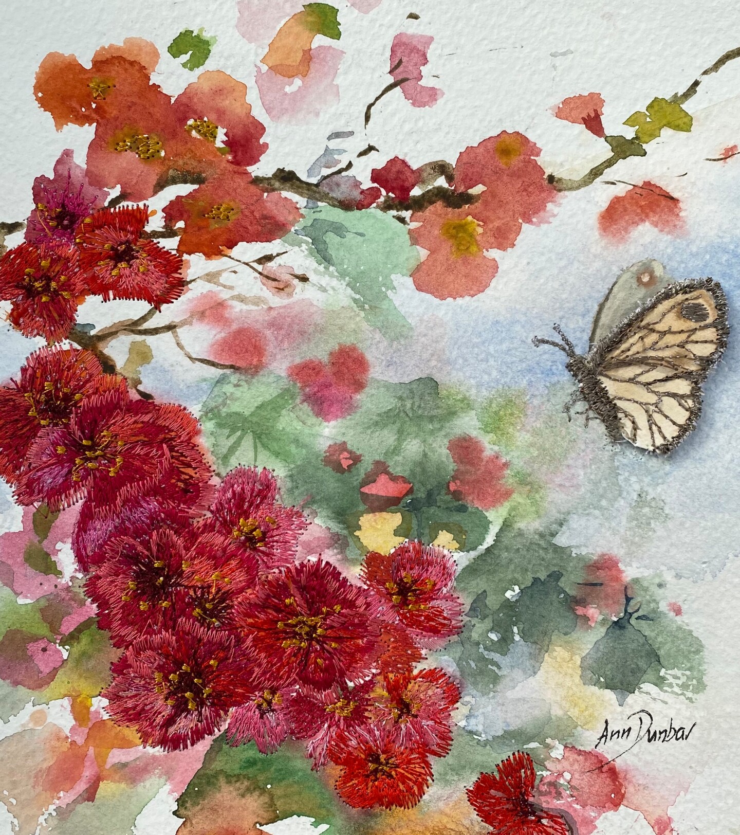 Ann Dunbar - Red Quince and white butterfly